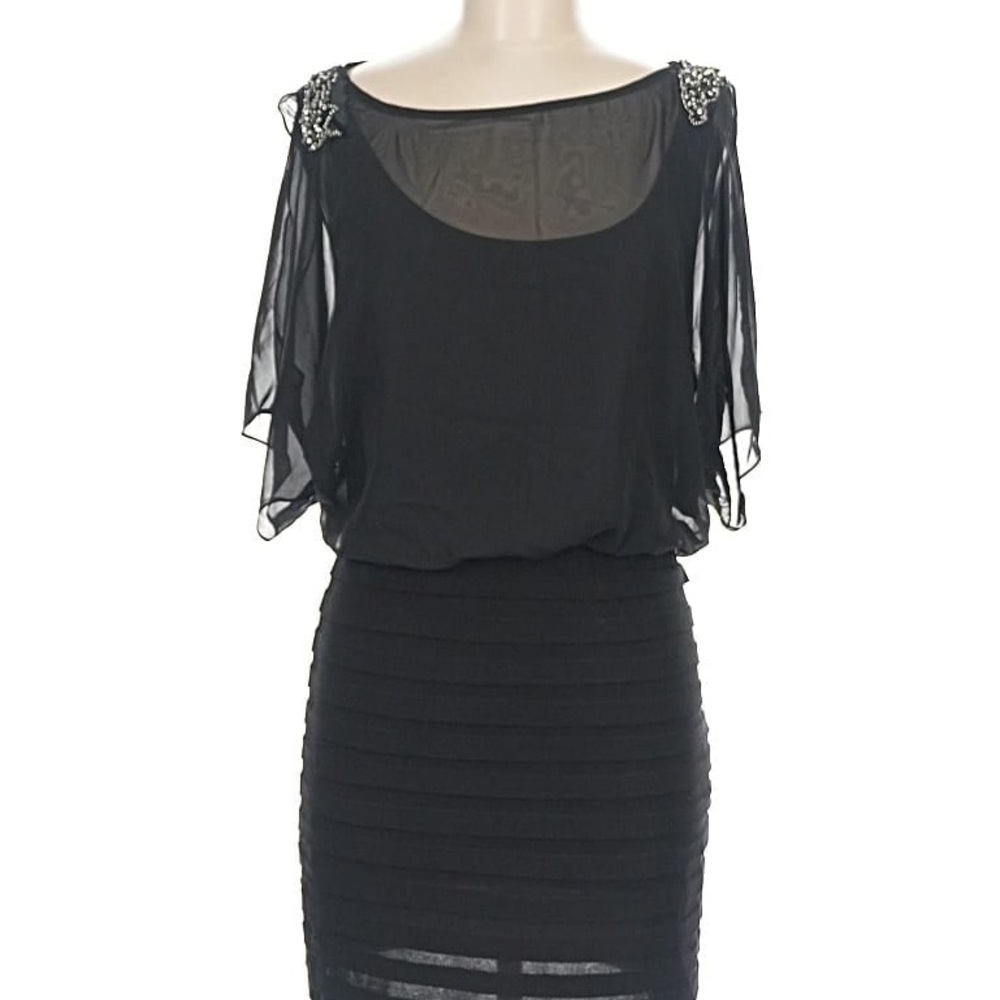Xscape Black Cocktail Sheer Beaded Cold Shoulder Dress Womans sz 4